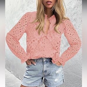 NWT Pretty Garden Eyelet Puff Sleeve Pink Top, Women’s Size XXL‎